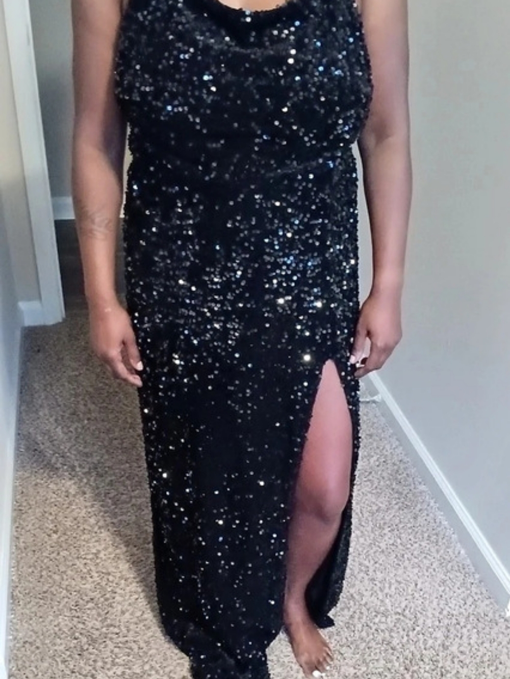 Stunner Black Sequin Cowl Neck Lace-Up Maxi evening dress .